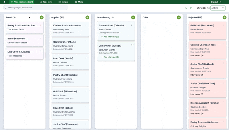 Kanban board showing drag and drop functionality for tracking job applications